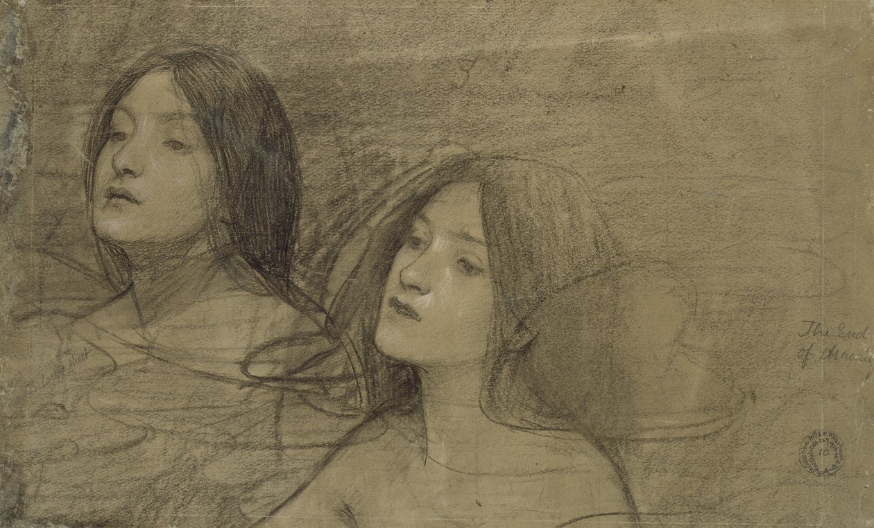 Studie dvou nymf pro „Hylas and the Nymphs“ (černá křída s určitým zvýšením na vybledlém šedém papíře) od John William Waterhouse