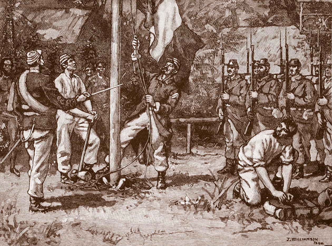 Vztyčení francouzské vlajky na Nových Hebridách, 1886, ilustrace z „Cassell