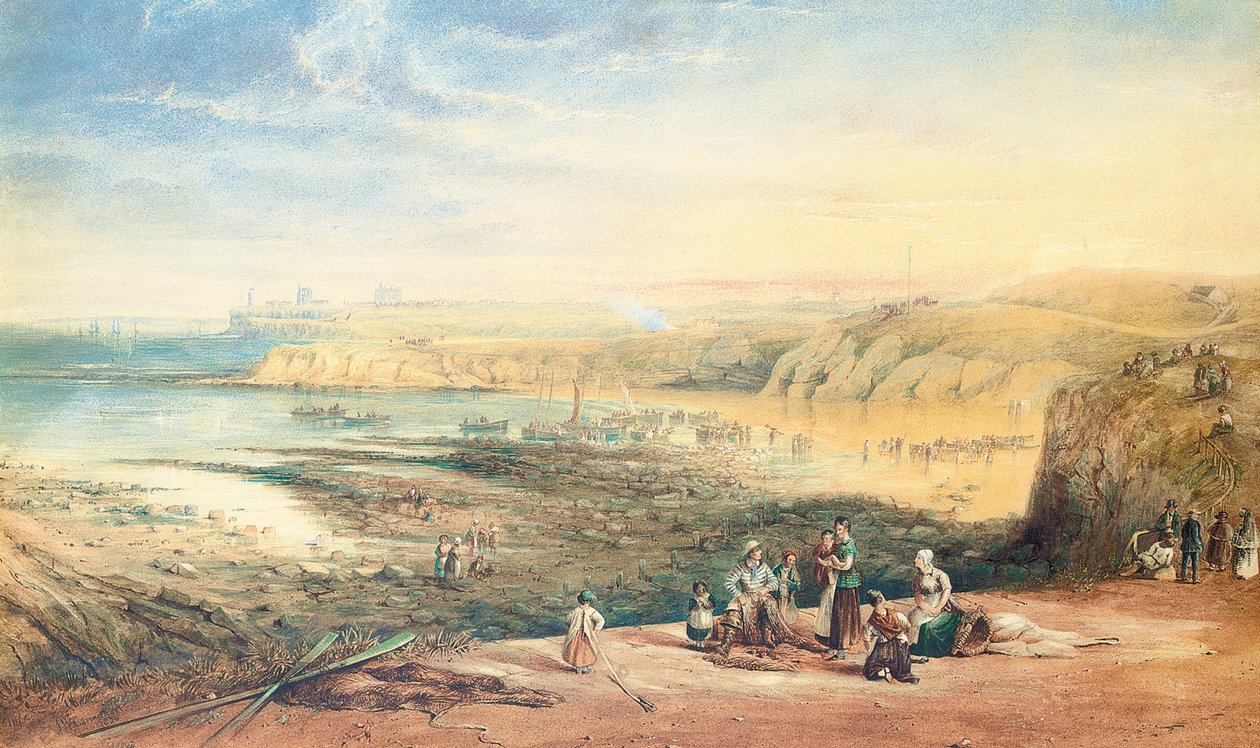 Cullercoats při pohledu na Tynemouth, Northumberland, s rybáři v popředí, 1836 od John Wilson Carmichael
