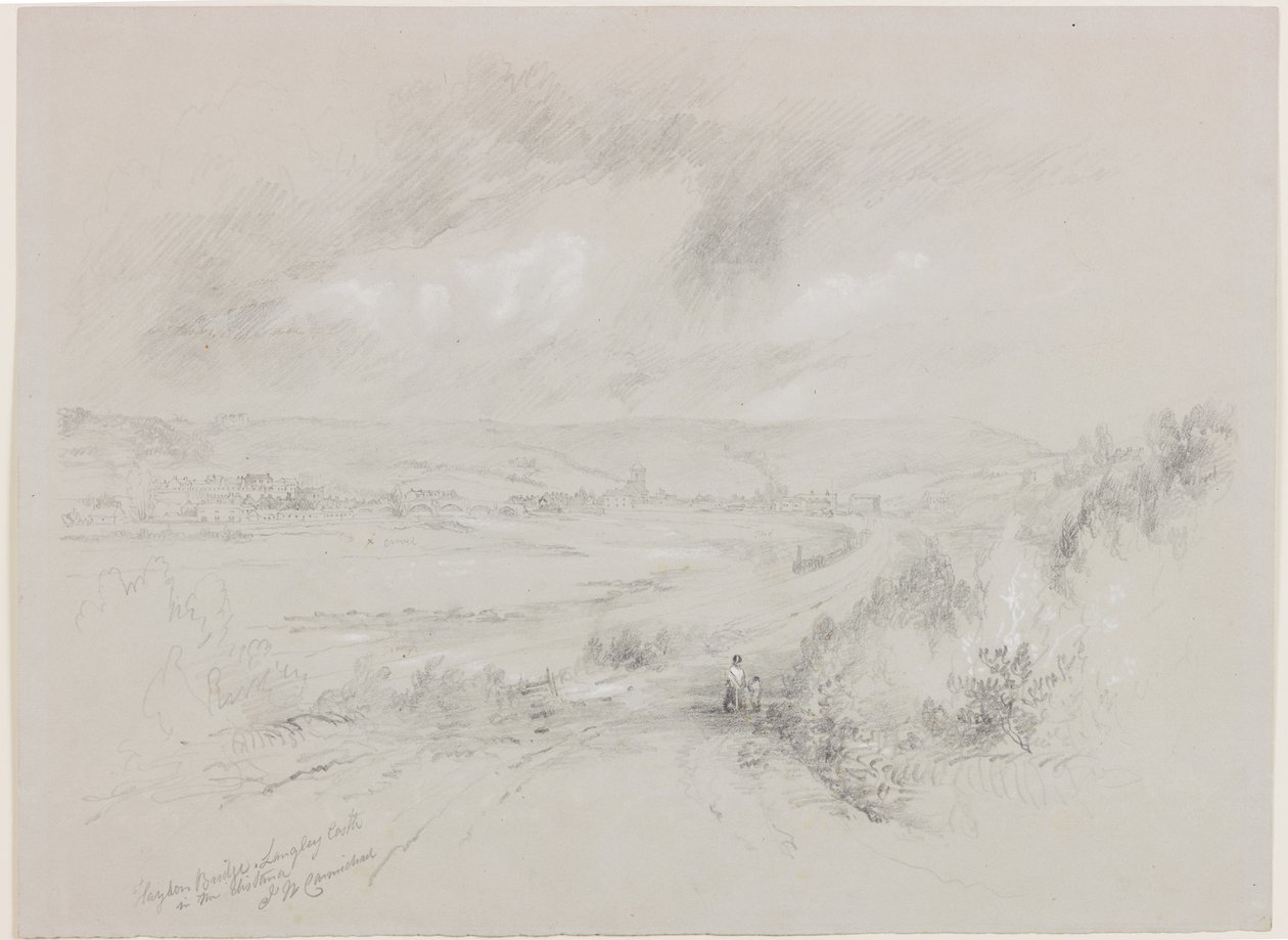 Haydon Bridge, Langley Castle in the Distance (bc a tužka na papíře) od John Wilson Carmichael