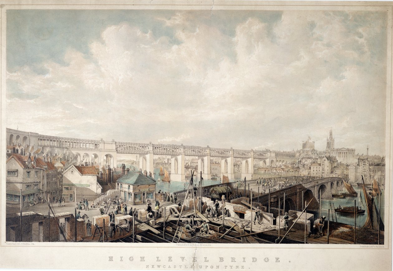 High Level Bridge, Newcastle upon Tyne, rytý George Hawkins (1819-52) (ručně kolorované lito) od John Wilson Carmichael