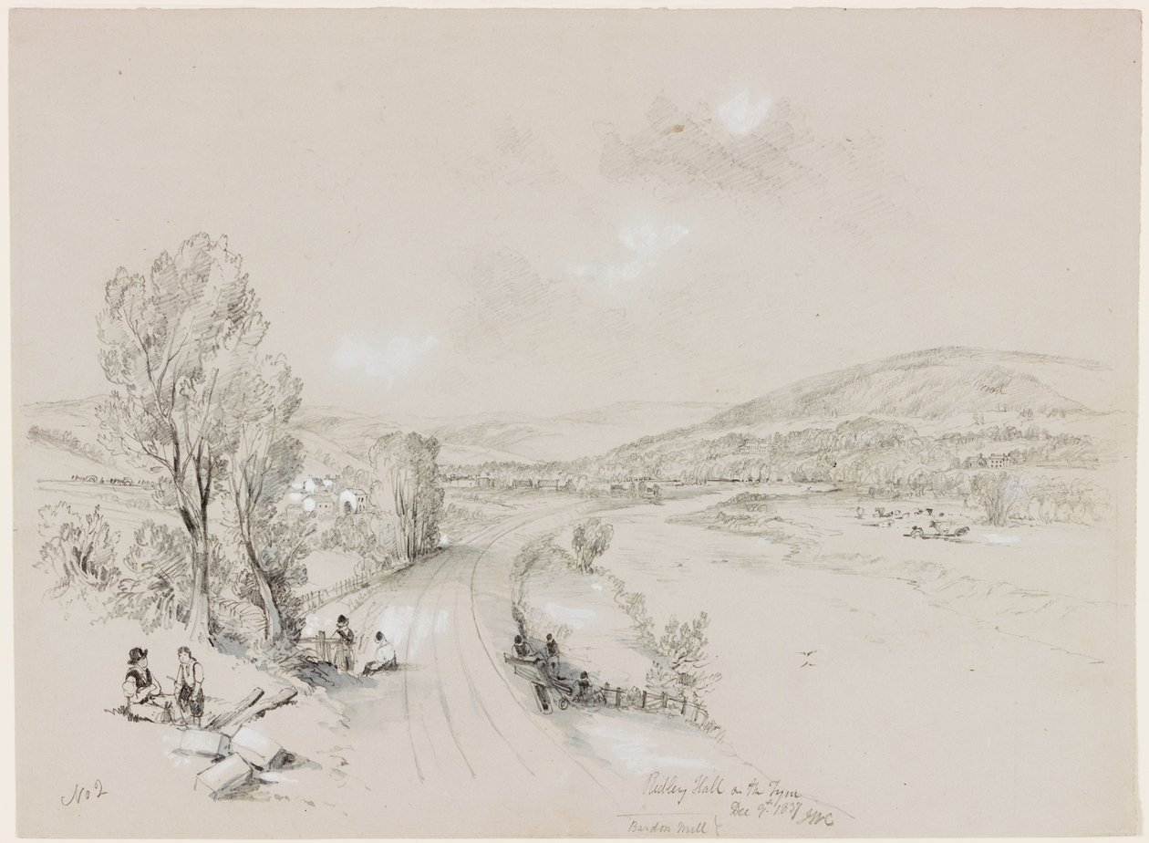 Ridley Hall, Bardon Mill, 1837 (bc a tužka na papíře) od John Wilson Carmichael