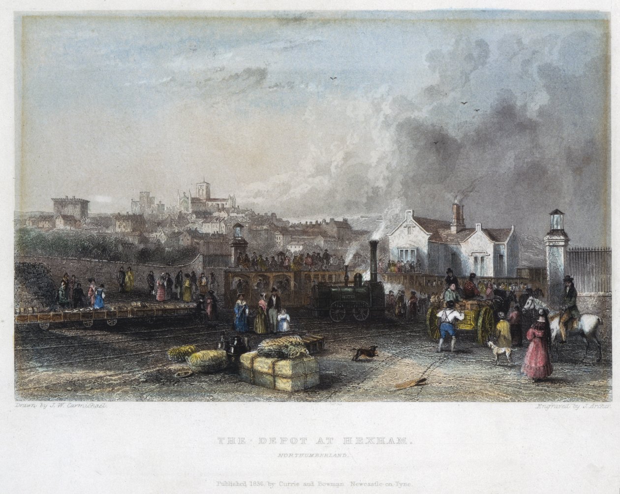 Depot v Hexhamu, Newcastle a Carlisle Railway, vyryl J. Archer, 1836 od John Wilson Carmichael