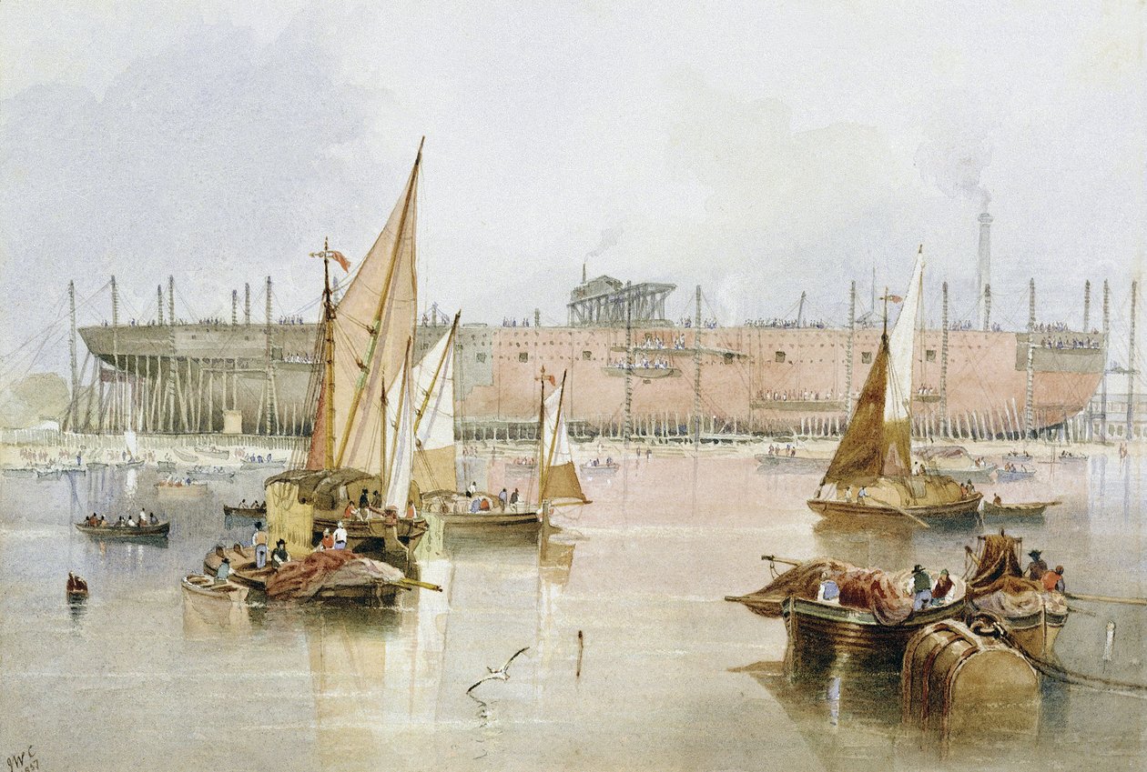 Transatlantický parník "Great Eastern" v roce 1857 před dokončením stavby v Millwallu na Temži (Anglie). od John Wilson Carmichael