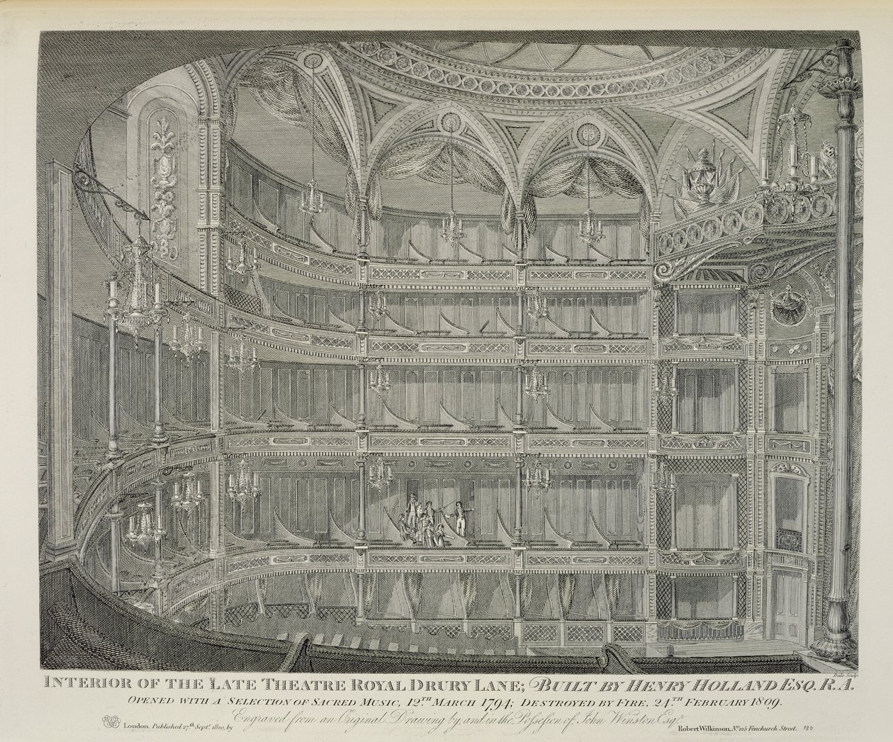 Interiér Late Theatre Royal, Drury Lane, v Londýně, postavený Henrym Hollandem, 1794, zničeno ohněm v roce 1809, vyryto Dale, 1820 od John Winston