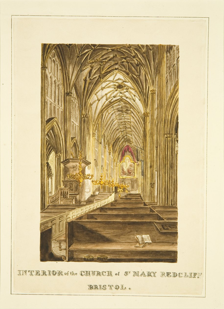 Pohled na středovou uličku St Mary Redcliffe, při pohledu na východ, zobrazující Hogarthův oltář, kolem roku 1824 (tužka a akvarel na papíře) od John Withers