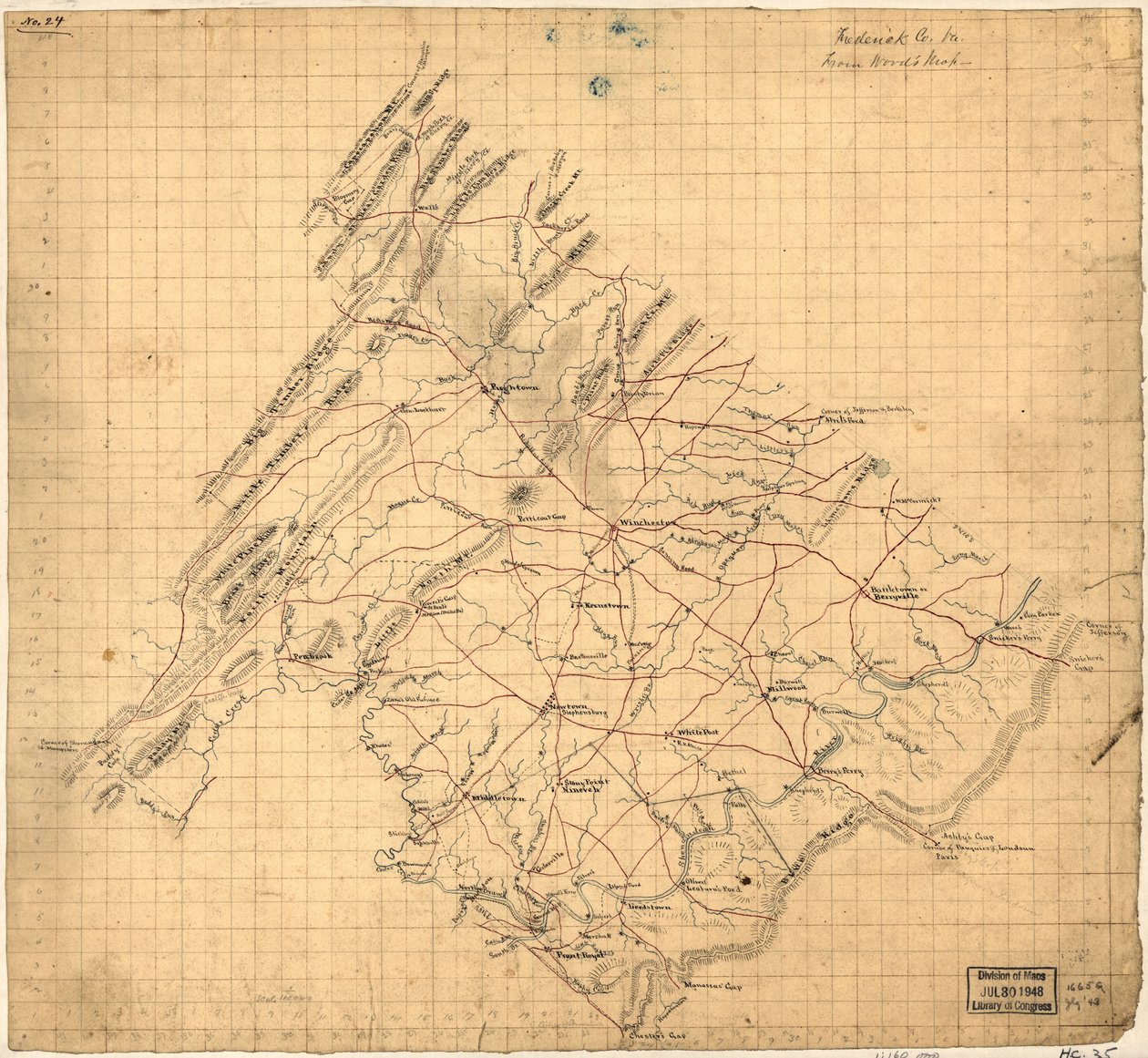 Frederick Co. Va., z Woodovy mapy. LOC 2002627443 od John Wood