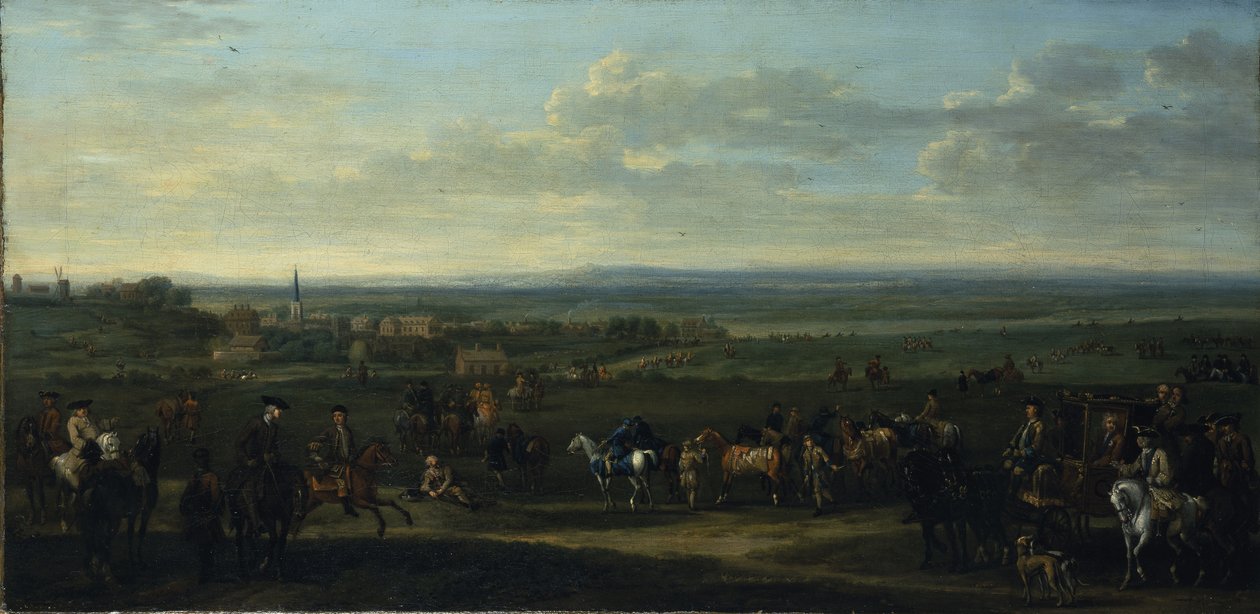 Pohled na Old Newmarket s postavami a koňmi na Heath (olej na plátně) od John Wootton