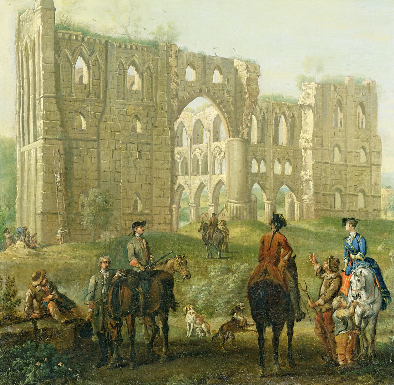 Jezdci se zastavili u Ruins of Rievaulx Abbey, kolem 1740-50 (olej na plátně) od John Wootton