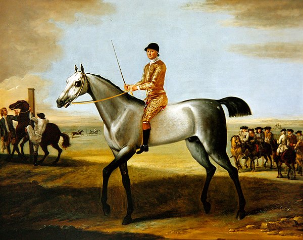 Slavný šedý závodní kůň Coneyskins vévody z Rutlandu s žokejem na Newmarket Heath (olej na plátně) od John Wootton