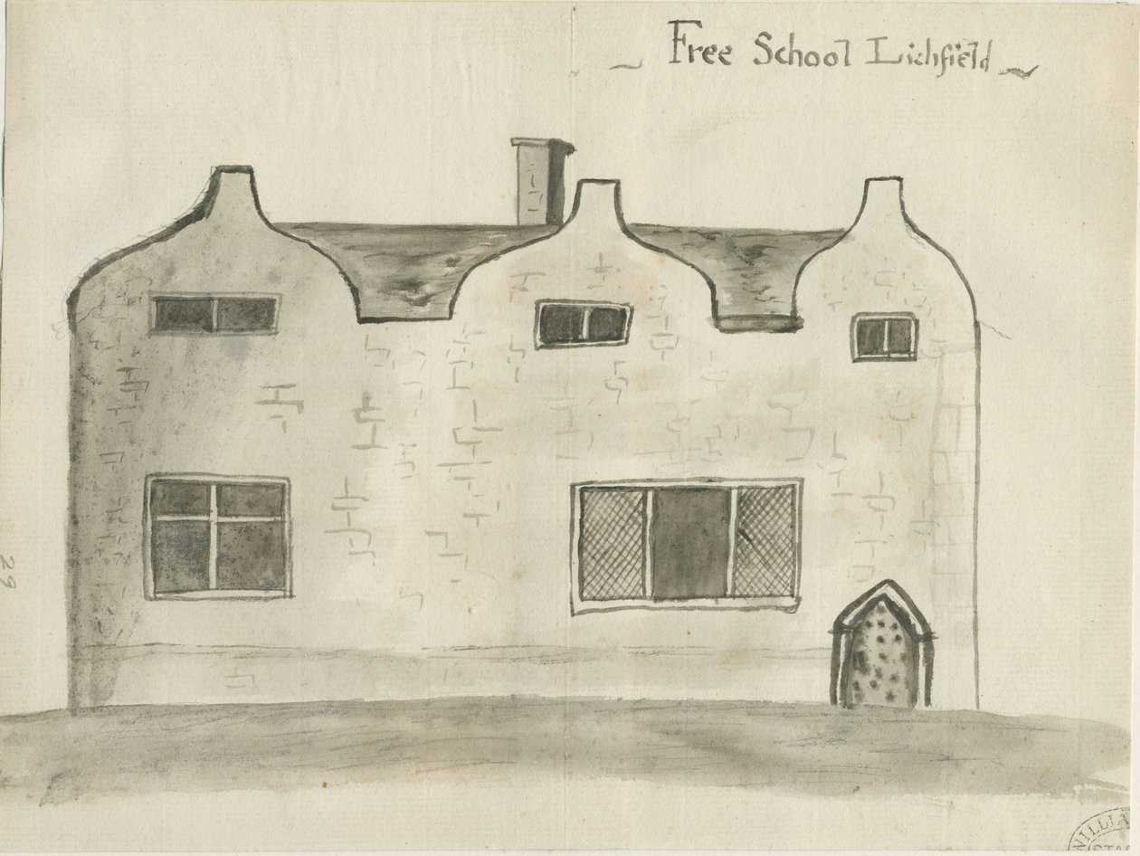 Lichfield - Gymnázium: sépie lavírovaná kresba, nd [1784] (kresba) od John Wright