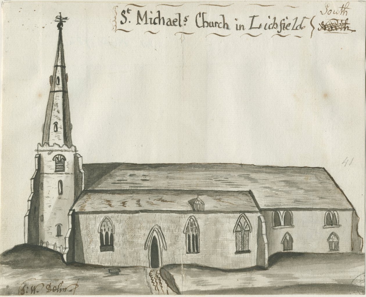 Lichfield - Kostel sv. Michaela: sépiová kresba, nd [1784] (kresba) od John Wright