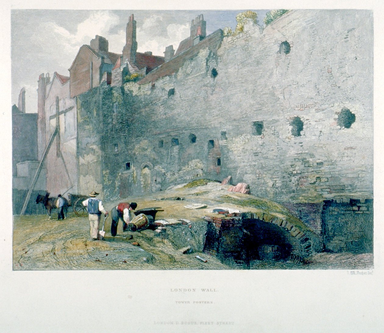 Pohled na Tower Poster a londýnskou zeď s muži kopajícími, City of London, 1851 od John Wykeham Archer