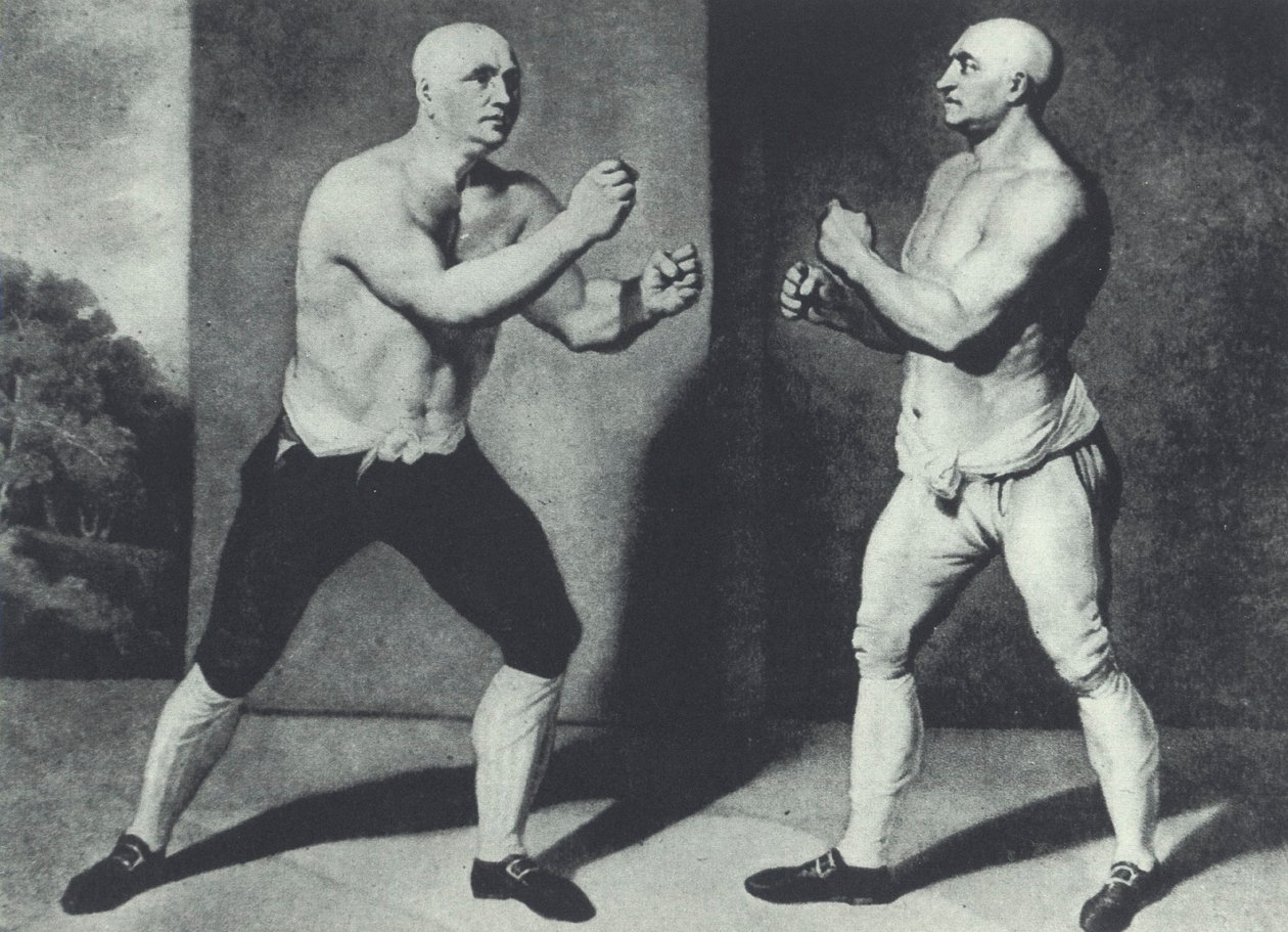 První britští barefisté boxeři, John Broughton (vlevo) a George Stevenson bojují v roce 1741: Broughton vynalezl boxerské rukavice (mezzotinta) od John Young