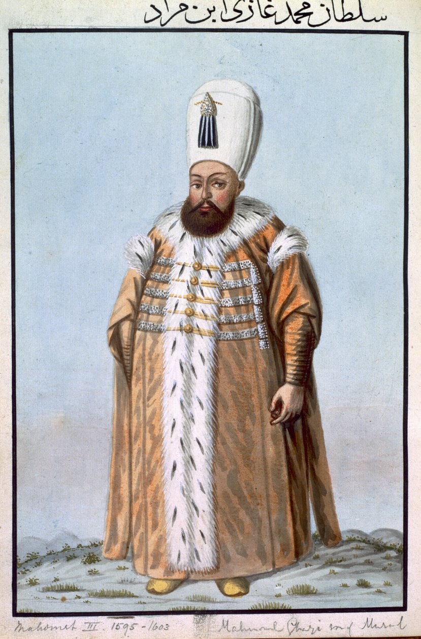 Mahomet (Mehmed) III. (1566–1603), sultán v letech 1595–1603, z „Série portrétů tureckých císařů“ od John Young
