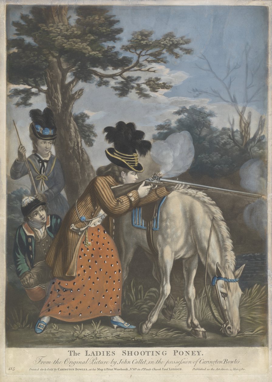 The Ladies Shooting Poney, 1780 (ručně kolorovaná mezzotinta na tkaném papíře) od John after Collet