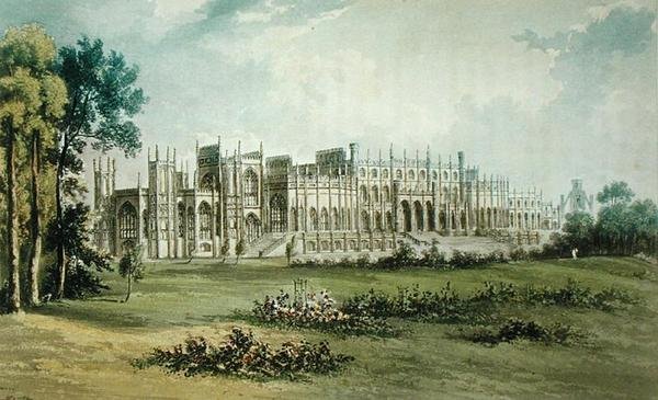 Eaton Hall, West of Garden Front, z Ackermanns Repository of Arts, publikované kolem roku 1826 (viz také 182260) od John after Gendall