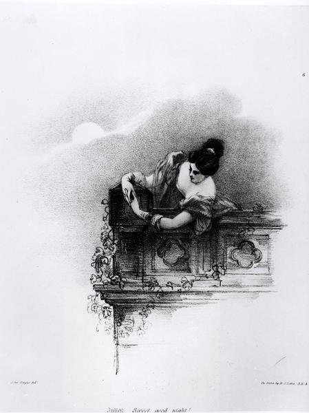 Fanny Kembleová (1809-93) jako Julie, Sladká dobrá noc, rytina Richarda Jamese Lanea (1800-72) od John after Hayter