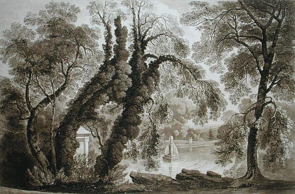 Pohled na Chrámovou kašnu z opačné strany, Sezincote, vyryl Frederick Christian Lewis Snr. (1779-1856), asi 1817-18 (sépiová akvatinta) (viz též 171661) od John after Martin