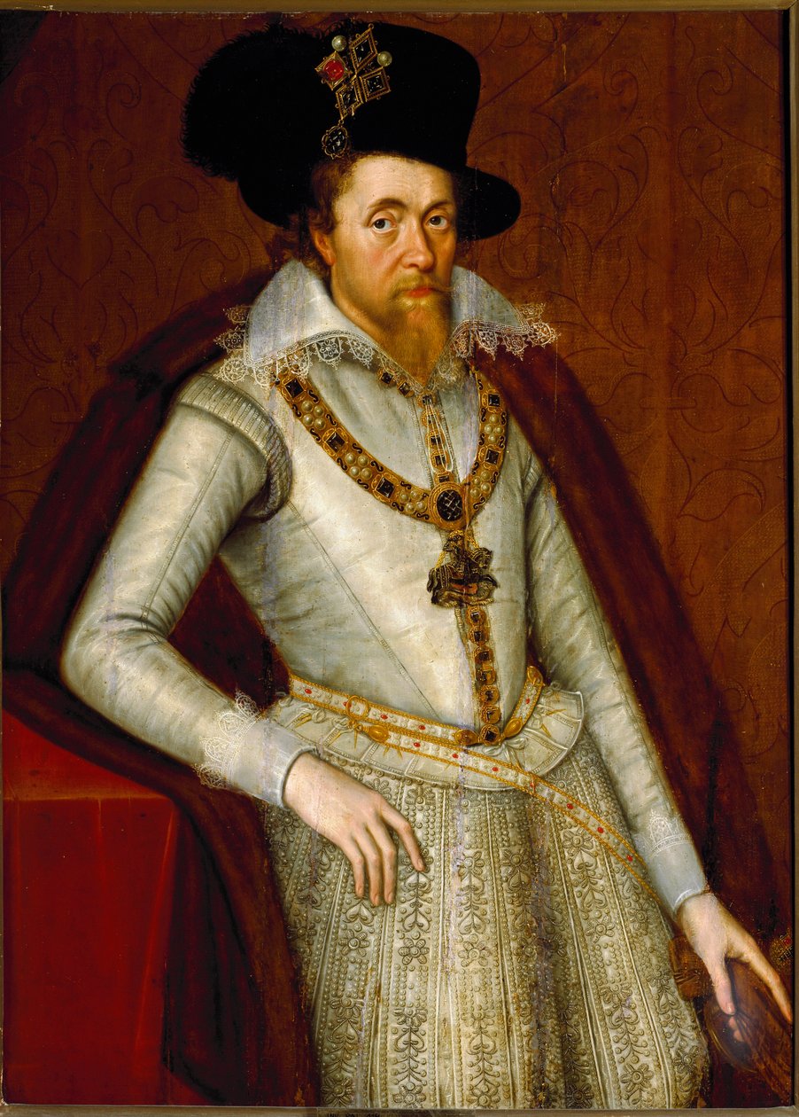 Portrét Jakuba I. Anglického a VI. Skotského, rytířů Řádu podvazku, kolem roku 1610 (malba) od John de Critz