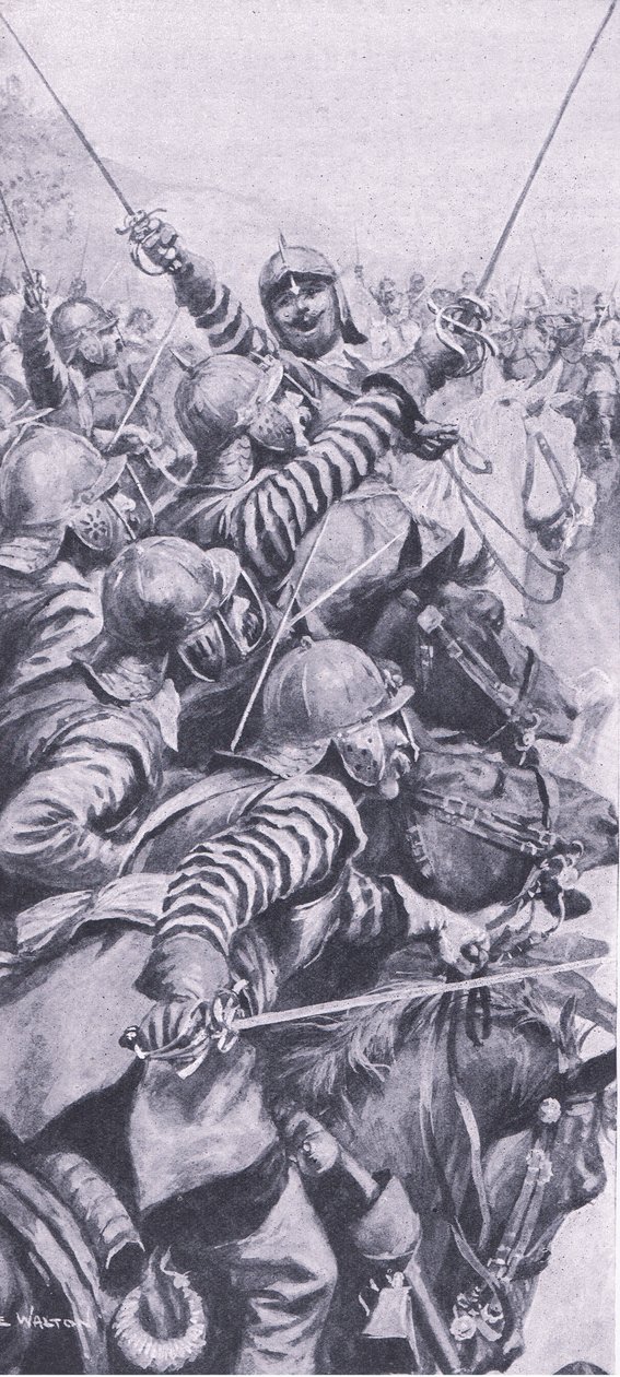 Střetnutí kavalérie v bitvě u Edgehill, 23. října 1642, ilustrace z britských bitev na souši a na moři, 1915 od John de Walton