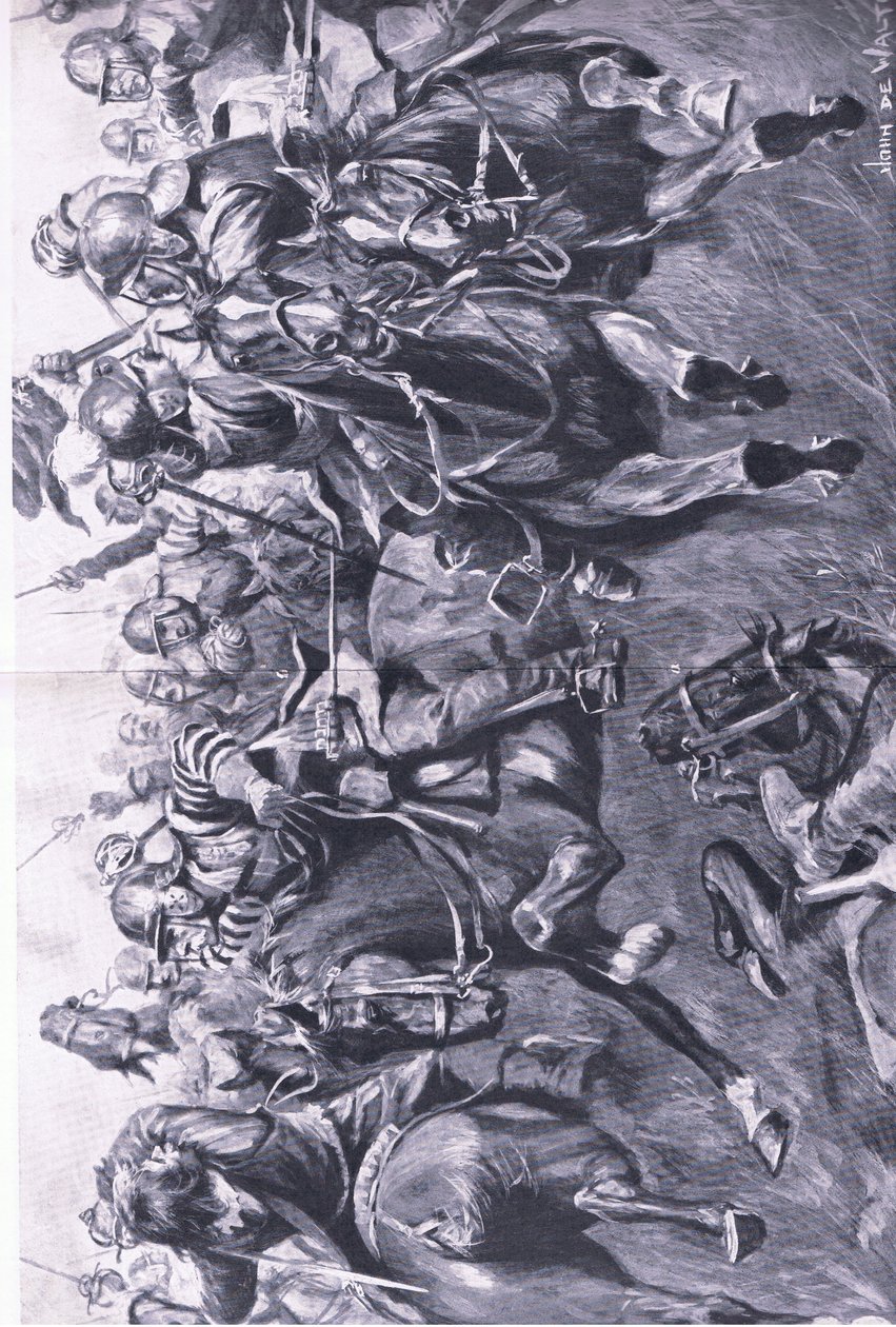 Marston Moor, 2. července 1644: Skotská kavalérie pod velením Leslie, útočící na bok prince Rupertse, ilustrace z britských bitev na souši a na moři, 1915 od John de Walton