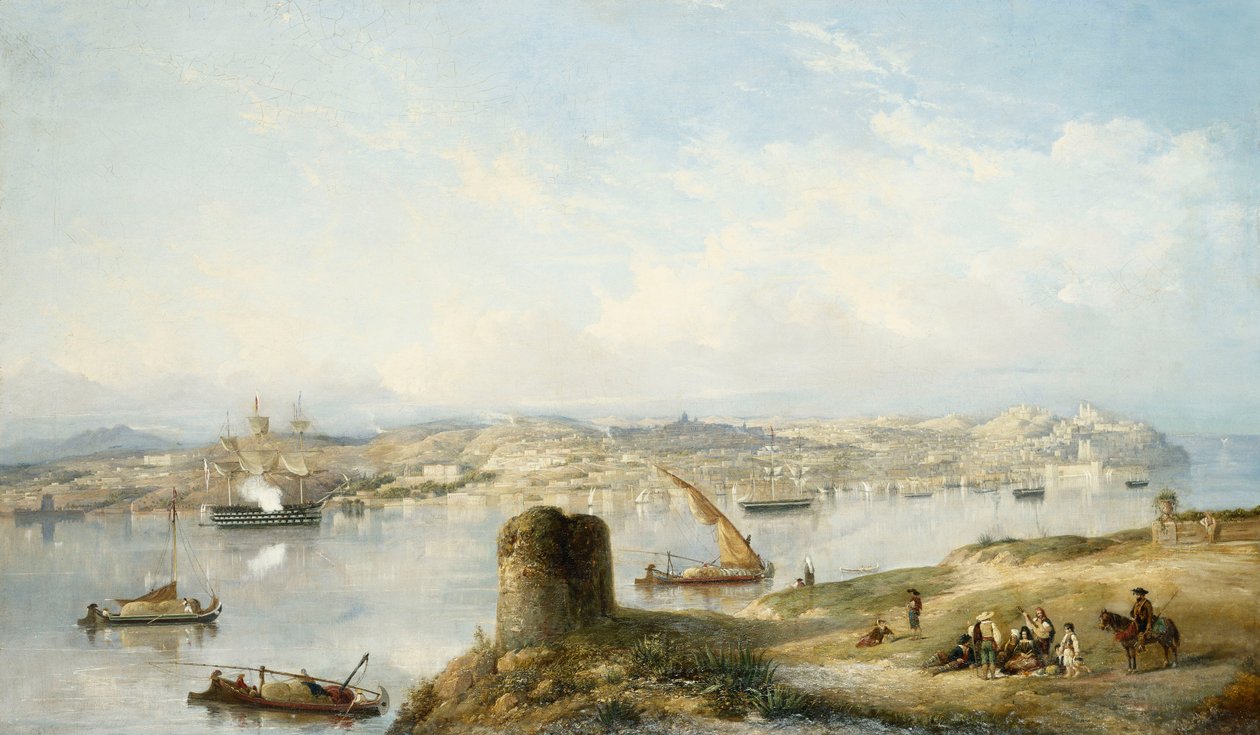 Rozsáhlý výhled na Lisabon na řece Tejo s náměstím Praca do Terreiro do Paco, starou katedrálou a hradem Castelo de S. Jorge od John or Giovanni Schranz
