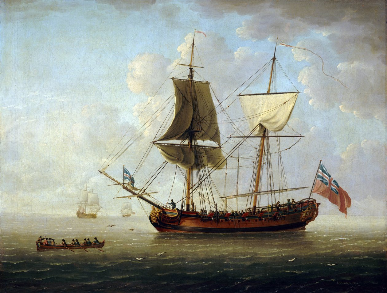 Britská brigantina s červenou vlajkou a vlajkou Union Jack na klidném moři. Olej na plátně od John the Elder Cleveley