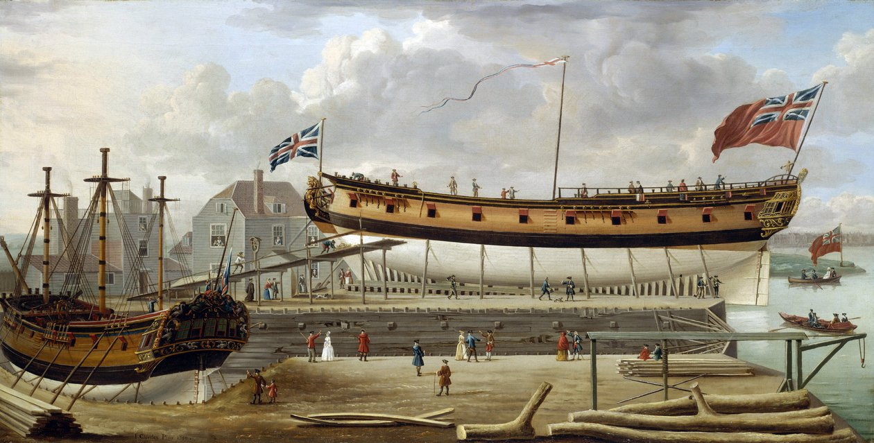 Loď šesté třídy (sixth rate), válečná loď britského královského námořnictva, v suchém doku, loděnice pravděpodobně v Rotherhite na jižním břehu Temže (Anglie). od John the Elder Cleveley