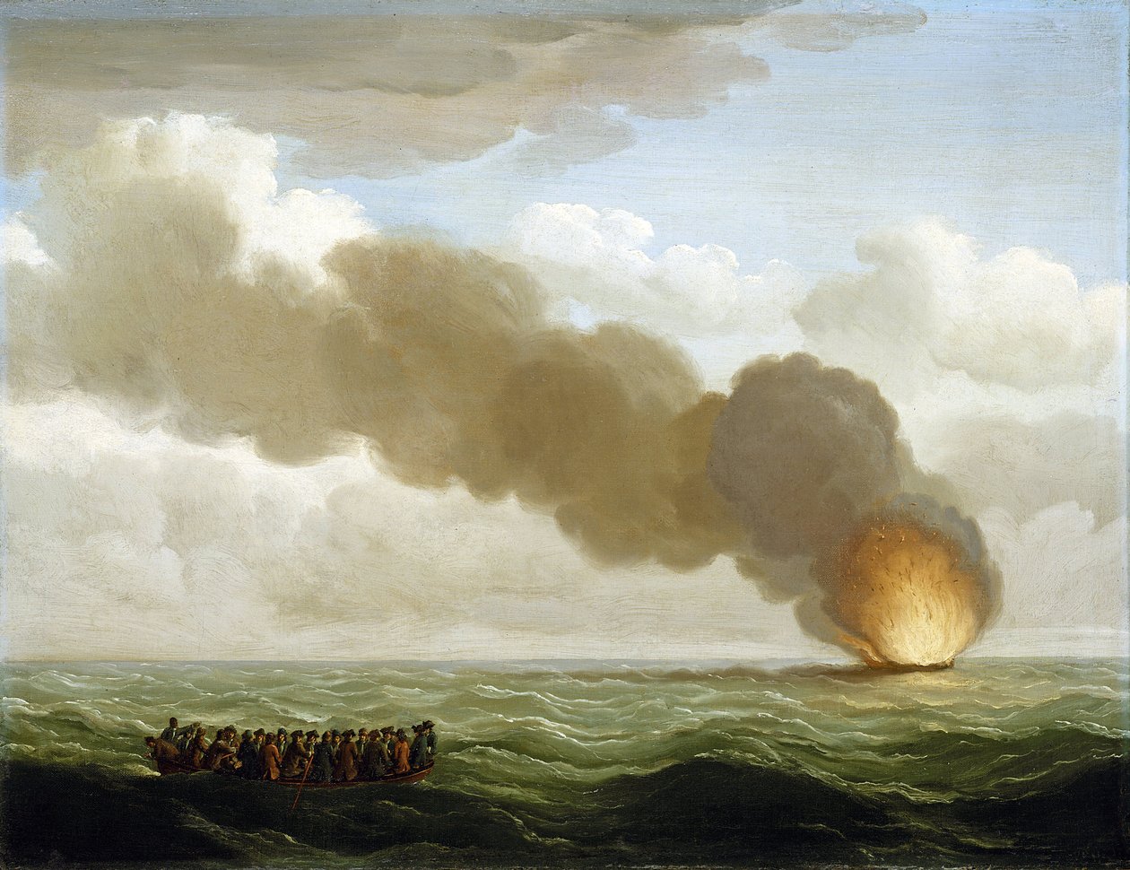"Posádka galéry "Luxborough" v záchranném člunu sleduje 25. června 1727, jak se jejich hořící loď potápí na širém moři. od John the Elder Cleveley