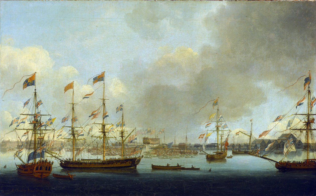 Spuštění HMS "Alexander" na vodu v Deptfordu v Anglii v roce 1778, válečné lodi se 74 děly, která bojovala v bitvě na Nilu (nebo v bitvě u Abúkiru v roce 1798). od John the Elder Cleveley
