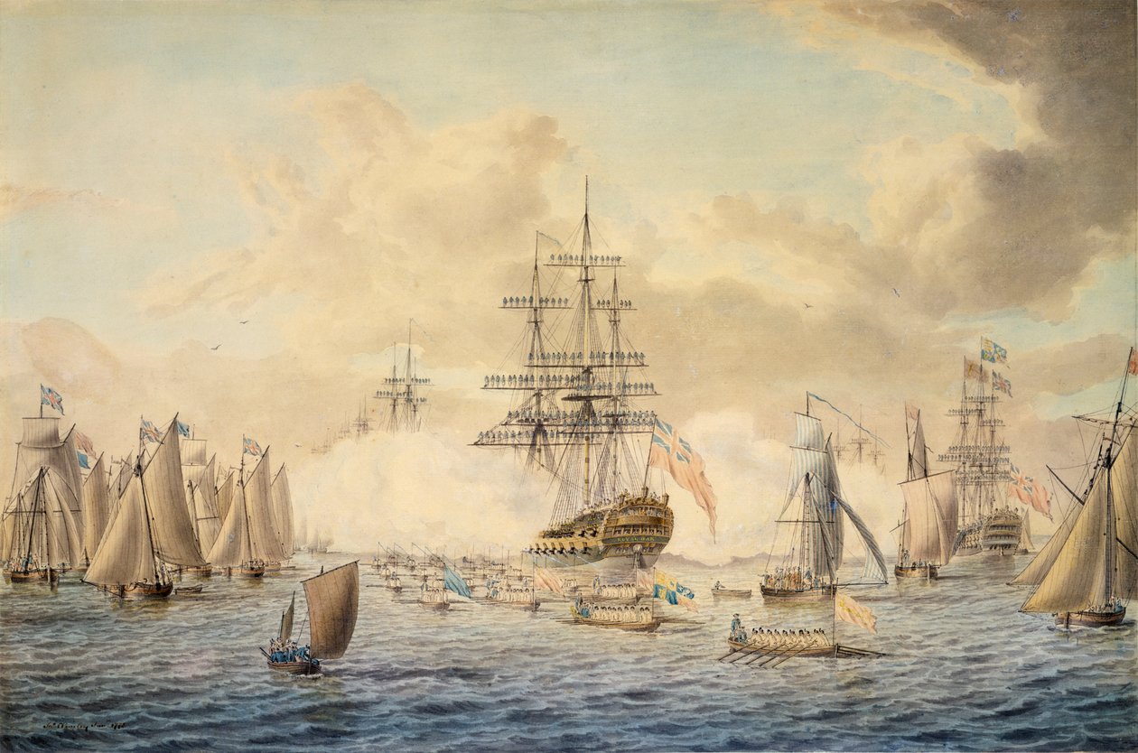 Jiří III. při prohlídce loďstva ve Spitheadu, 22. června 1773, na obrázku HMS "Royal Oak od John the Younger Cleveley