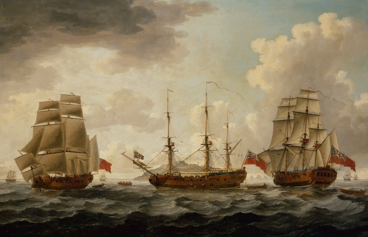 H.M.S. Tyrall na třech pozicích u Antiguy od John the Younger Cleveley