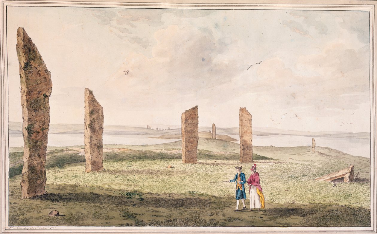 Pohled na půlkruh z kamenů na břehu jezera Stenhouse na ostrově Pomona od John the Younger Cleveley