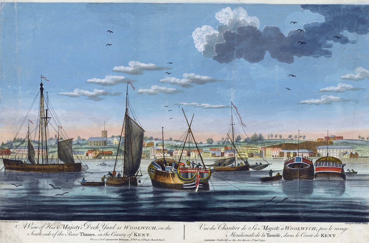 Pohled na královské doky ve Woolwichi na levém břehu Temže (Anglie) v hrabství Kent. Barevný lept od Johna Clevelyho mladšího (1747-1786) od John the Younger Cleveley