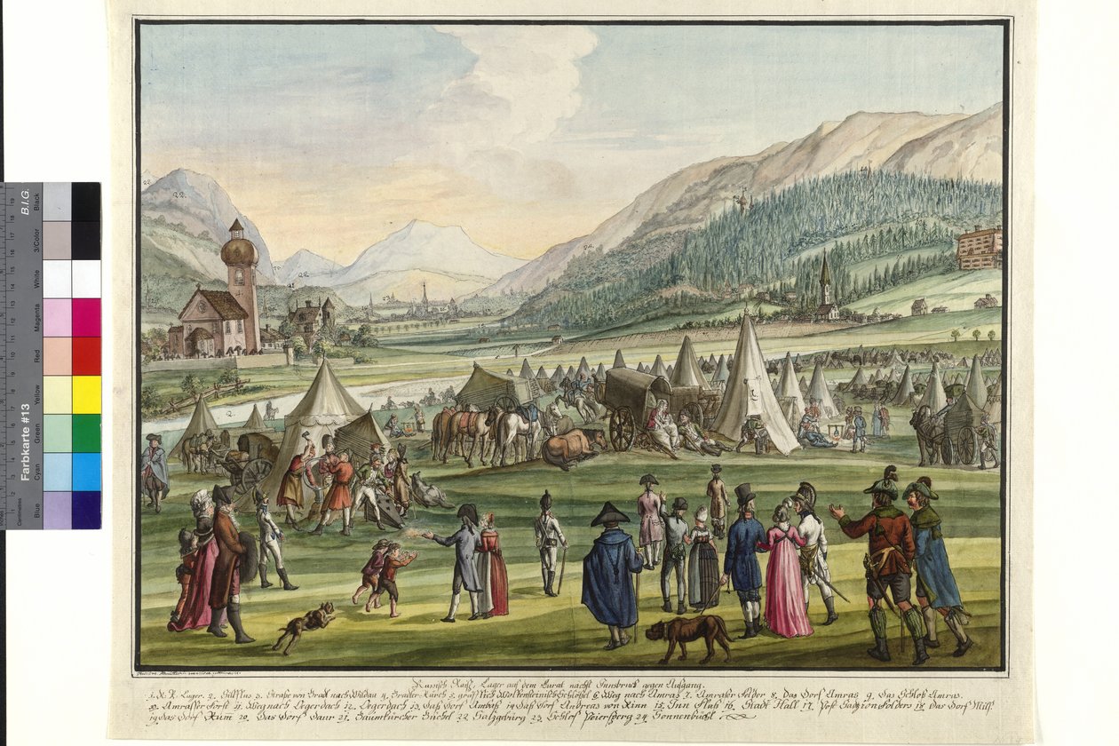 Císařské ruské ležení na Neurauthu u Innsbrucku 1799 (akvarel) od Jokob Placidus Altmutter
