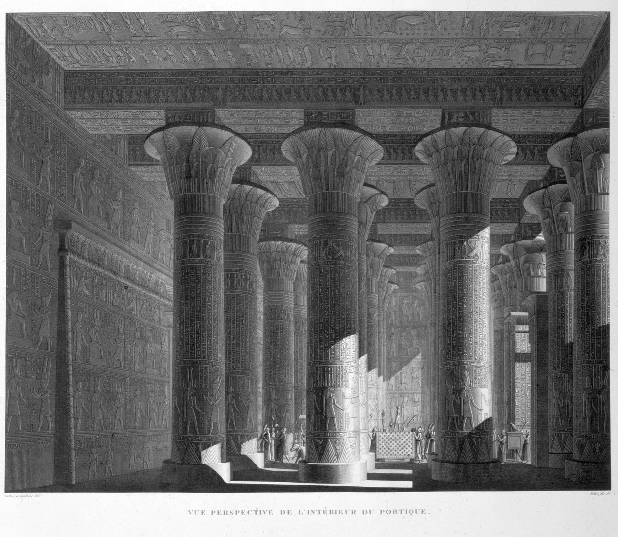Perspektivní pohled na interiér sloupoví, deska Esne (Latopolis) 83 ze svazku I „Popisy Egypta“, rytý Sellier, 1822 (akvatinta) od Jollois and Devilliers