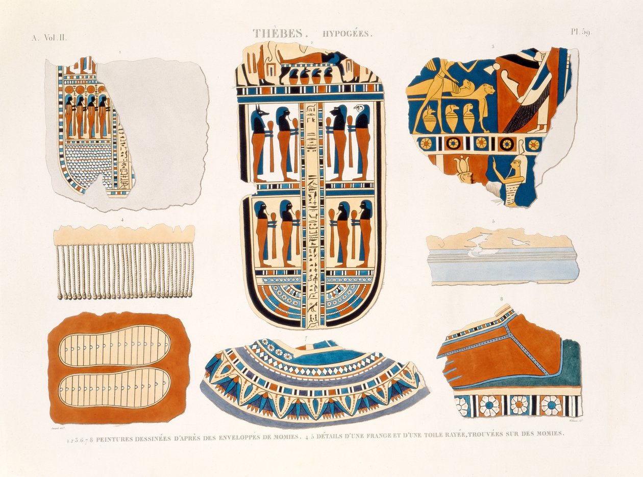 Ilustrace ozdobných detailů z obalů mumií, 4,5; Detail třásně a pruhovaného materiálu nalezeného na mumiích, Théby, Hypogey, deska 59 ze svazku II `Descriptions of Egypt od Jomard
