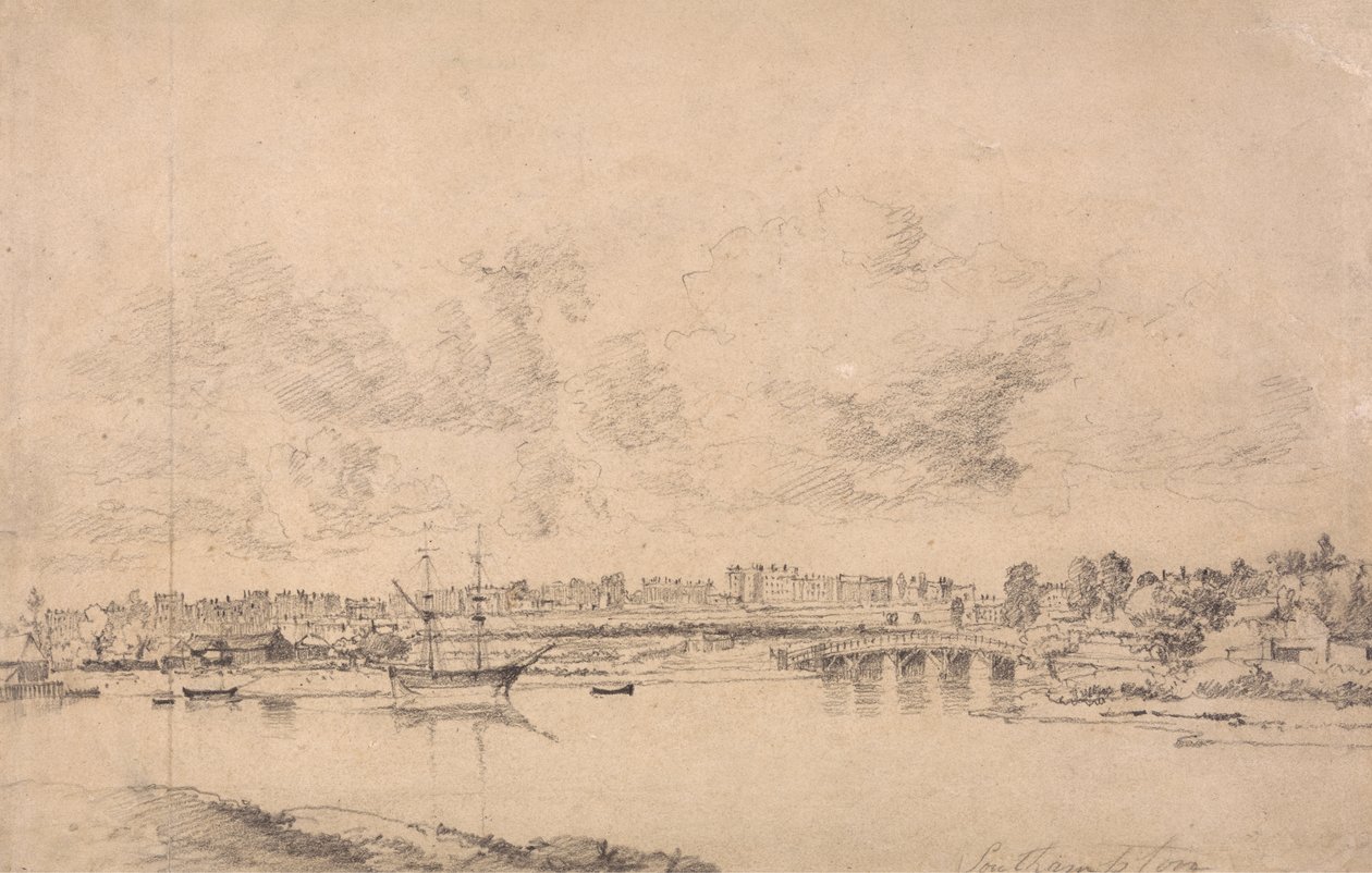Southampton a Northam od řeky Itchen (grafit na středním, lehce texturovaném, modře bíle tkaném papíru položeném na střední, středně texturovaný, béžový tkaný papír) od Jonathan Fisher