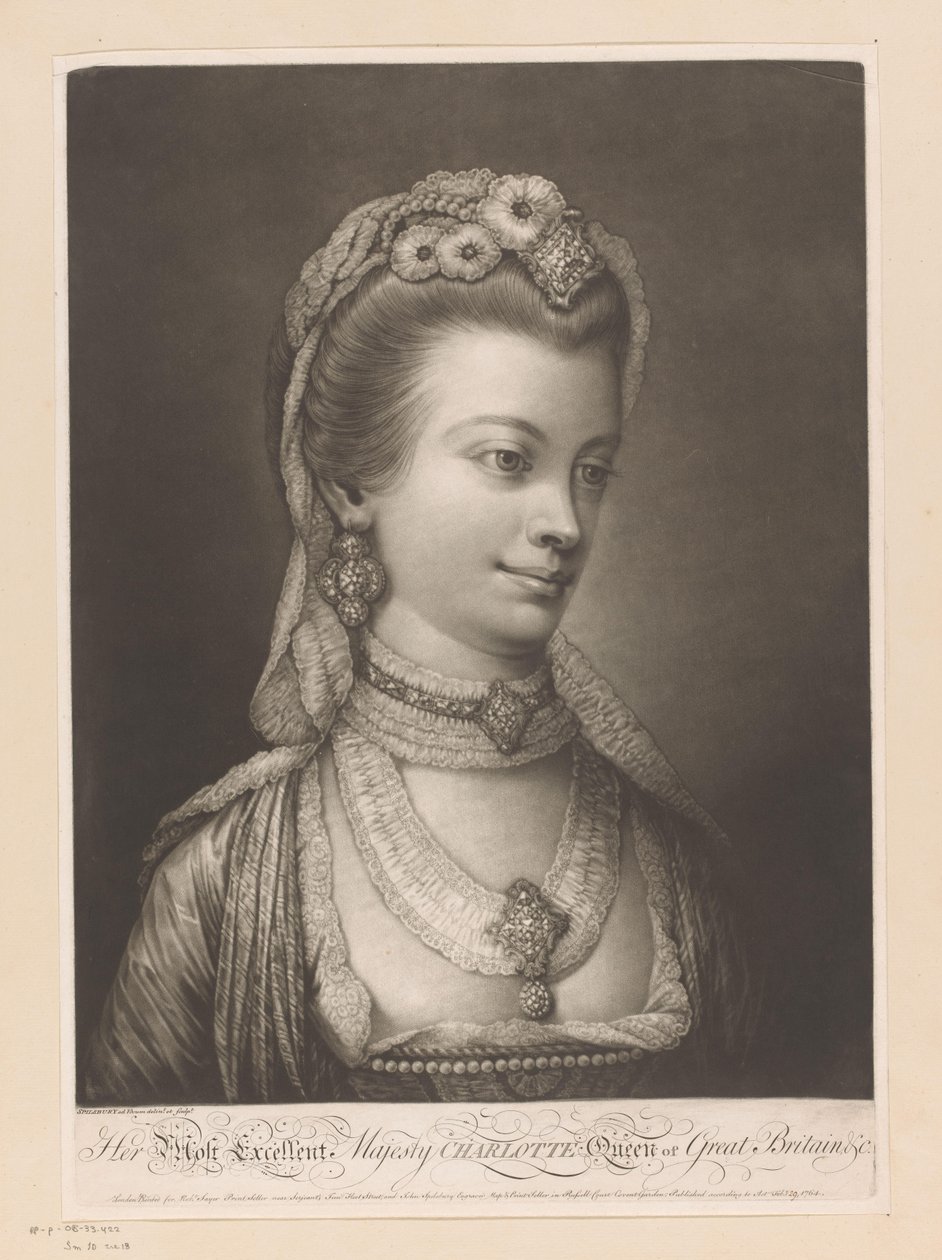 Portrét van Charlotte van Mecklenburg Její nejznamenitější veličenstvo Charlotte královna Velké Británie a pod. (název na objektu) od Jonathan Spilsbury