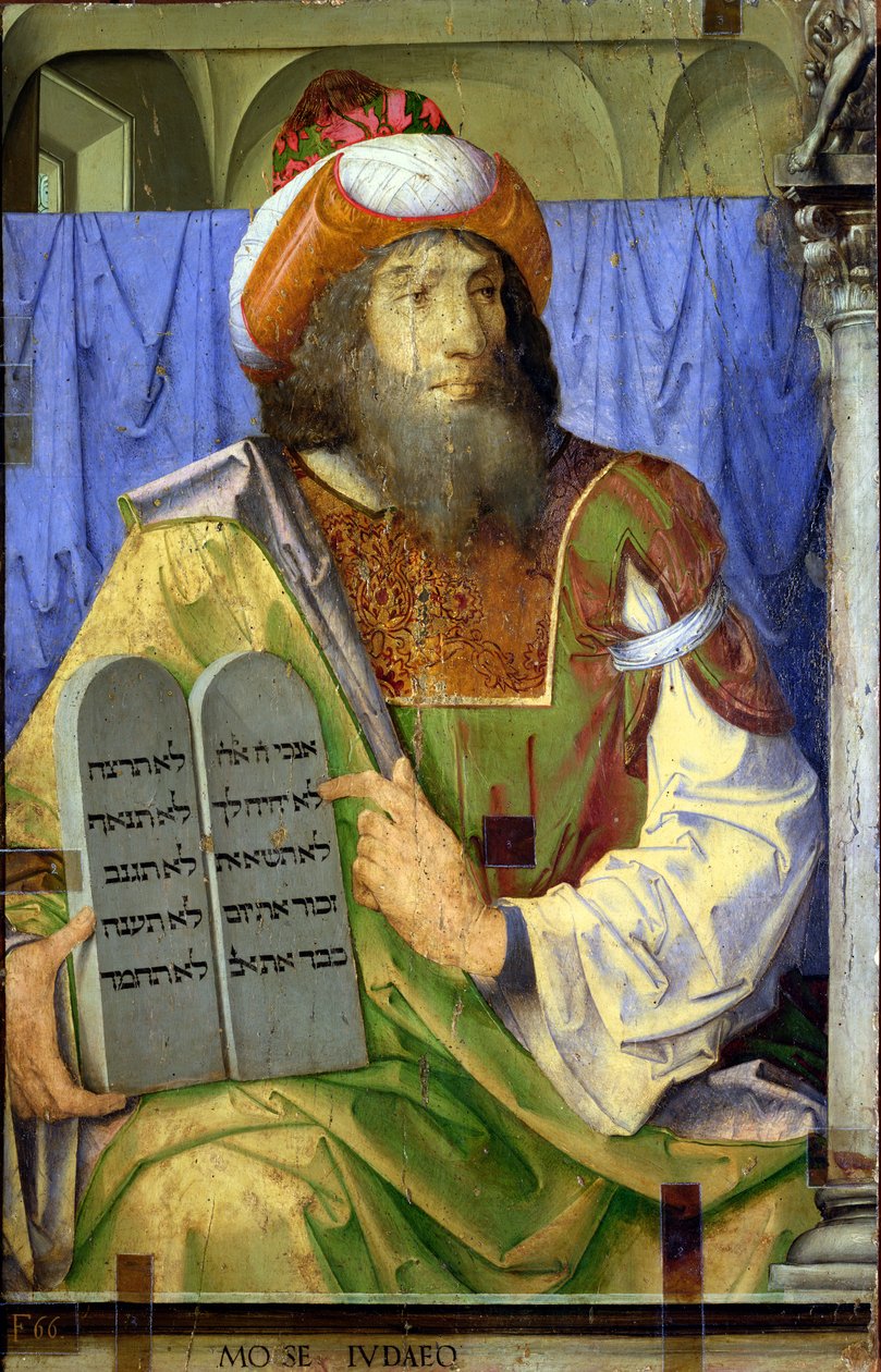 Mojžíš s desaterem přikázání, ze série portrétů významných mužů (deska) (detail) (viz 80418) od Joos van Gent