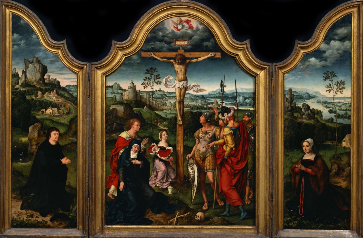 Triptych: Ukřižování s dárcem a jeho ženou od Joos van Cleve
