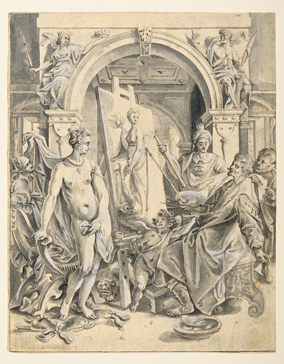 Apellova malba Campaspe (pero a hnědý inkoust, šedá barva, bílá tělová barva na potištěném papíře) od Joos or Jodocus van (after) Winghe