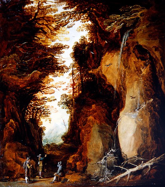 Alpská krajina s cestovateli (olej na panelu) od Joos or Josse de The Younger Momper