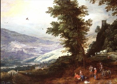 Rozsáhlá krajina s rolníky od Joos or Josse de The Younger Momper