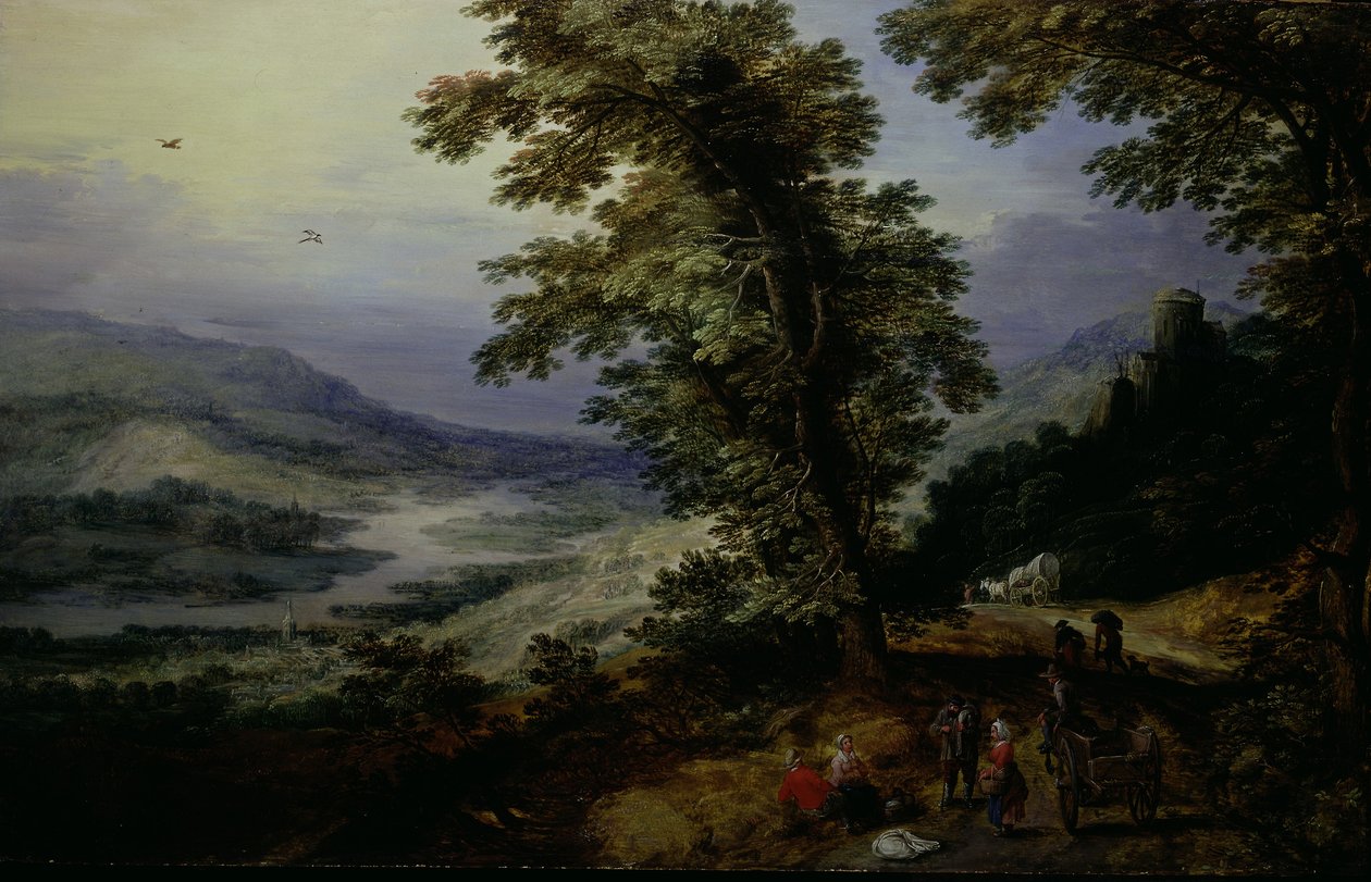 Horská cesta s pocestnými, asi 1610-25 (olej na kolébkové desce) od Joos or Josse de The Younger Momper