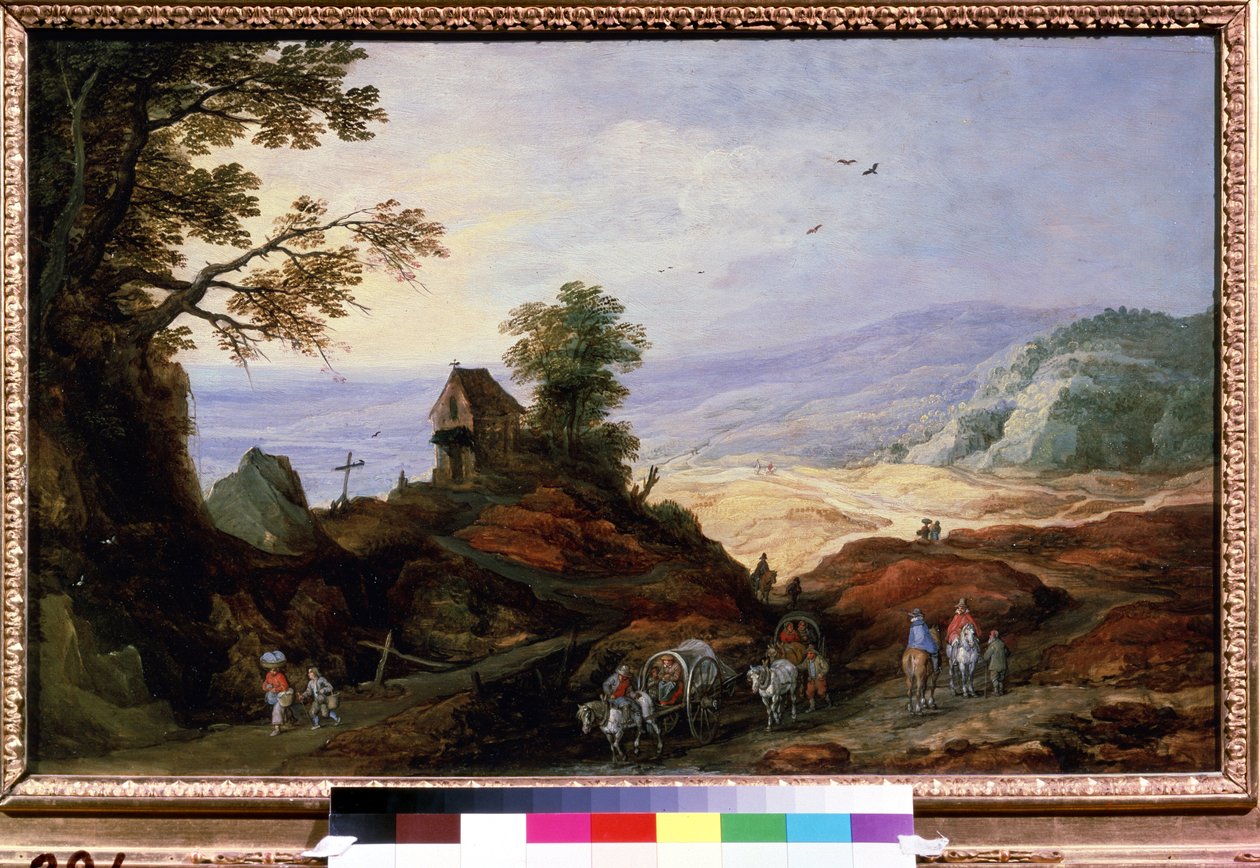 Krajina s kaplí na kopci. Po cestách chodí rolníci na pluzích. Obraz od Joose de Momper Le Jeune (1564-1635), cca 1608-1610. vlámské umění. Olej na dřevě. Pushki Museum of Fine Arts od Joos or Josse de The Younger Momper