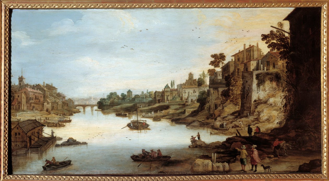 Pohled na Tiberu (Tevere) v Římě Dům na kůlech vlevo. Obraz Josse Momper II (1564-1635) od Joos or Josse de The Younger Momper