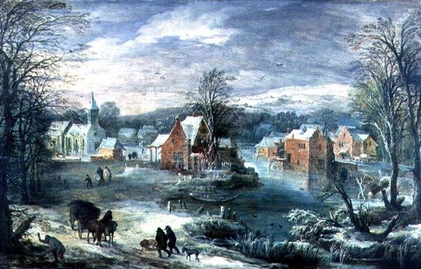 Vesnická krajina v zimě (panel) od Joos or Josse de The Younger Momper