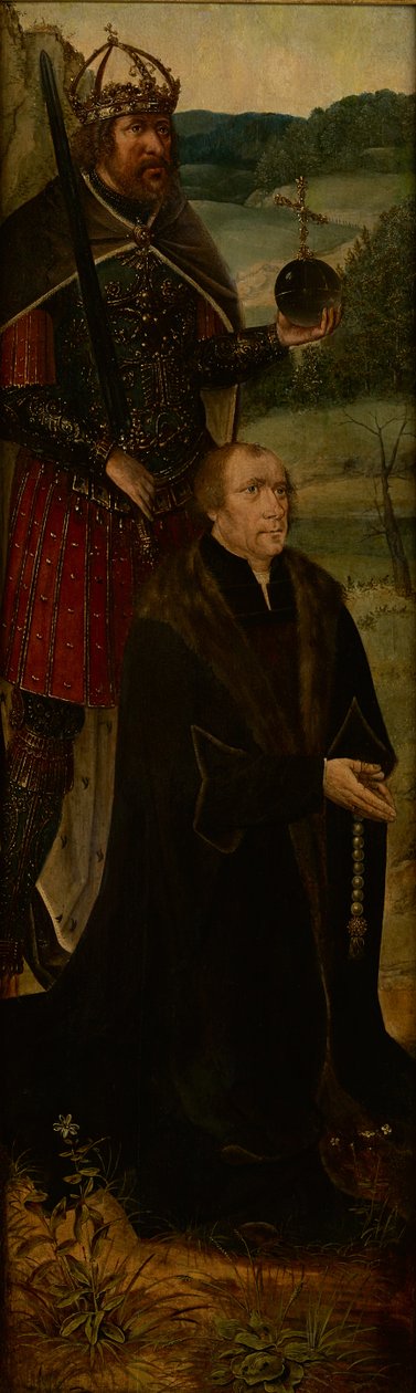 král Konstantin a dárce; jedno křídlo oltářního obrazu (olej na desce) od Joos van (follower of) Cleve
